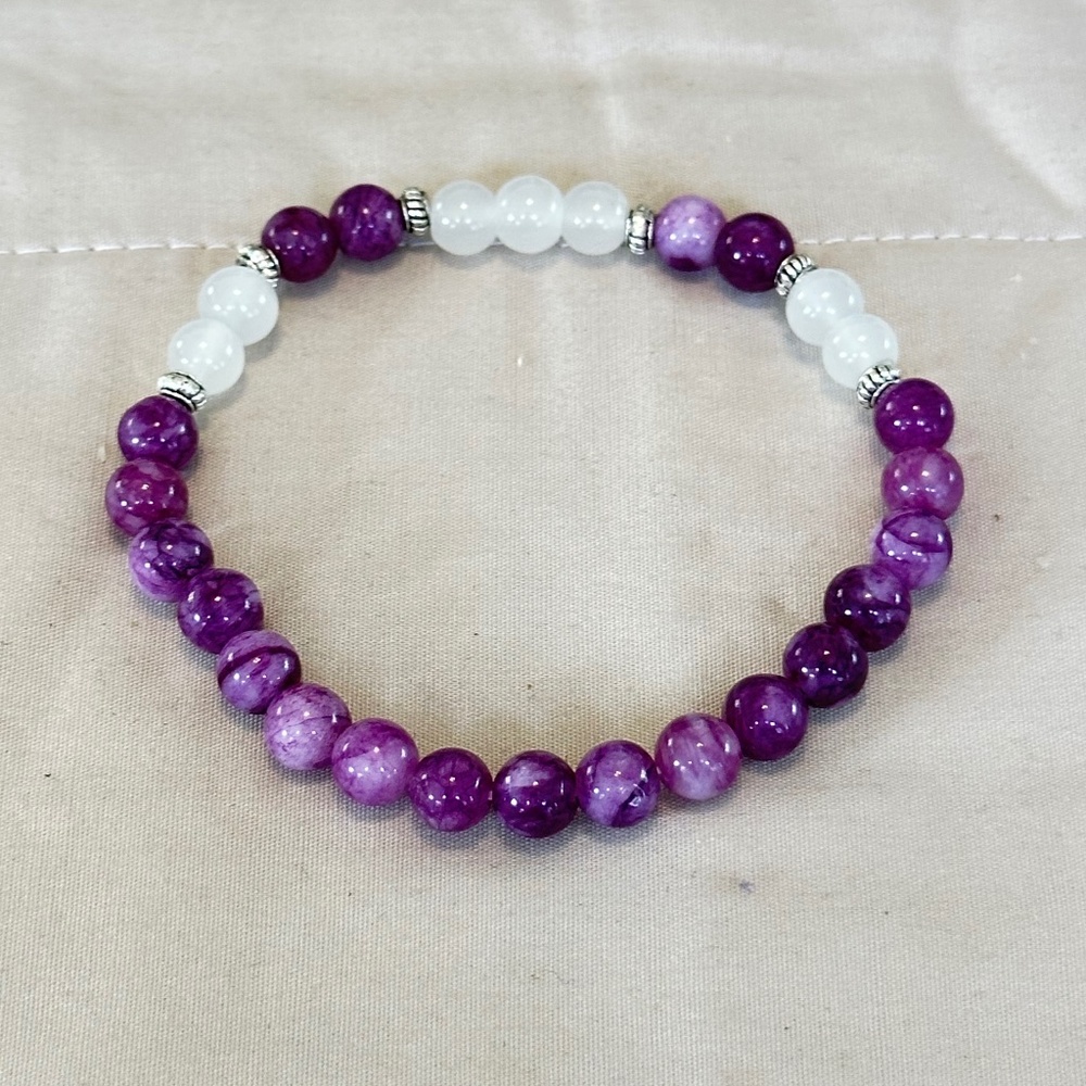 Lepidolite & Clear Quartz stone stretchy bracelet (purple & clear) round beads - Picture 1 of 11